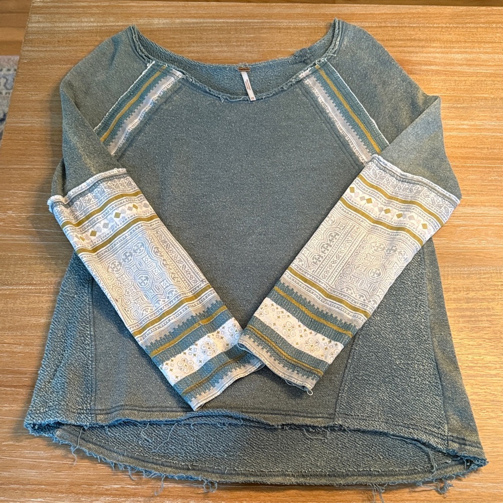 Free People Blue and Cream Long Sleeve Top